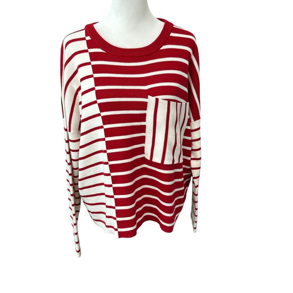 Cabi Style 5635 Pocket Long Sleeve Pullover Two Tone Striped Sweater Medium